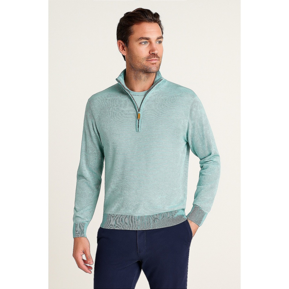 Peter Millar Crown Sweater Sz M Soft Cotton Silk Blend Blue Stripe Quarter Zip